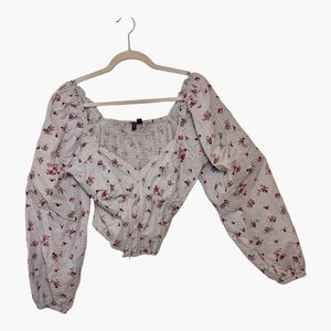 Vero Moda Light Gray Floral Smocked Puff Sleeve Peplum Top Romantic Large